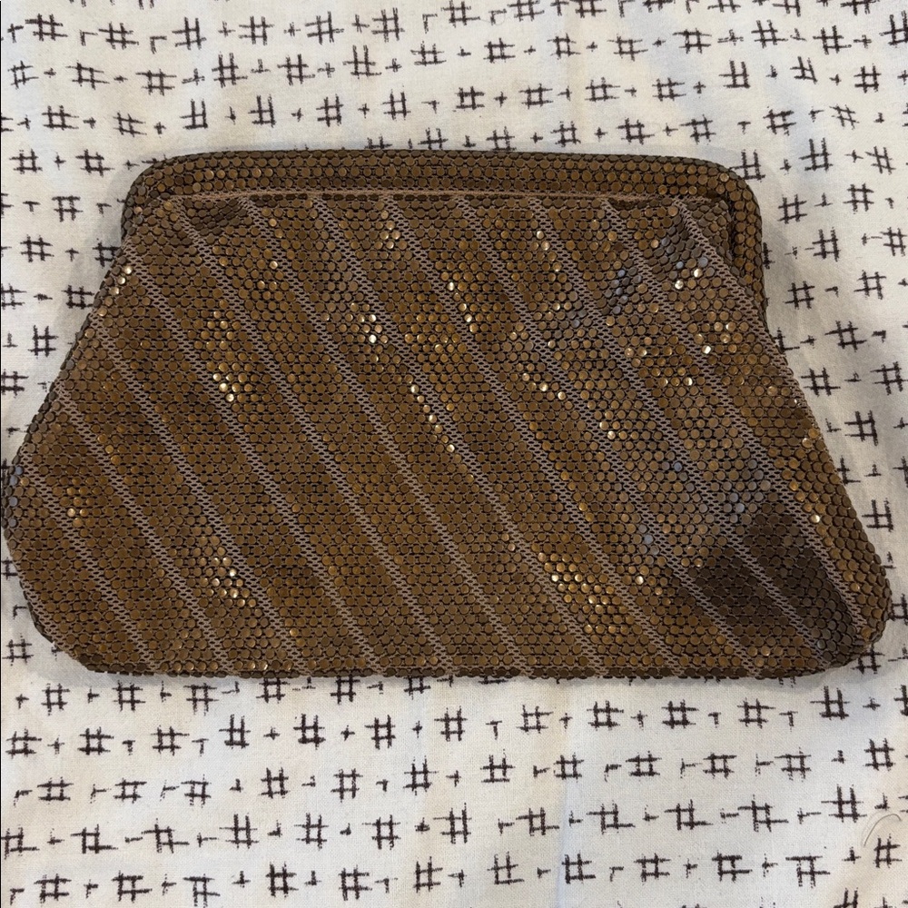 Vintage bronze metallic clutch, shine, pristine interior, 9x6”
